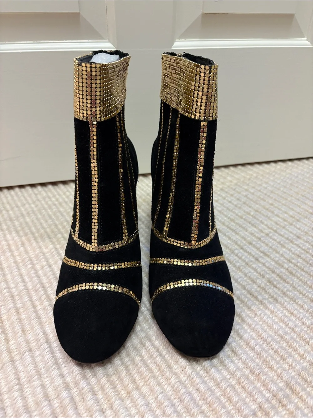 CECELIA NEW YORK demetri Black Suede Ankle Boots with Gold Sequin Trim